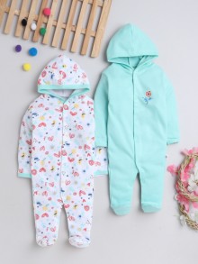 BUMZEE Mint Green & White Baby Girls Full Sleeves Sleepsuit With Hood Pack Of 2