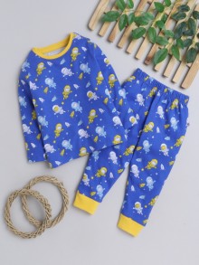 BUMZEE Blue & Yellow Boys Full Sleeves T-Shirt & Pyjama Set