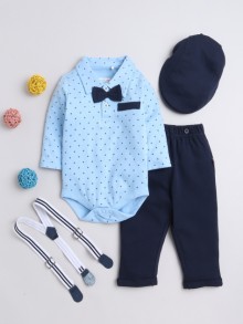 BUMZEE Sky Blue & Navy Boys Full Sleeves Cotton Bodysuit Pant Set With Suspender & Cap