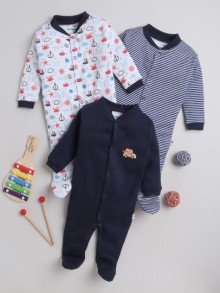 BUMZEE Navy & White Baby Boys Full Sleeves Sleepsuit Pack Of 3