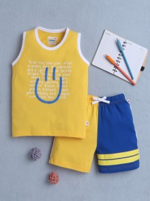 BUMZEE Yellow & Royal Blue Boys Sleeveless T-Shirt & Short Set