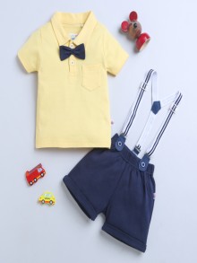 BUMZEE Navy & Yellow Boys Half Sleeves T-shirt & Short Set With Bow Suspender