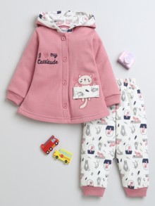 BUMZEE Pink & Off White Girls Full Sleeves Fleece Winter Wear Set