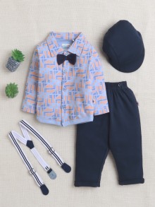 BUMZEE Blue & Navy Boys Full Sleeves Shirt Pant Set With Suspender & Cap