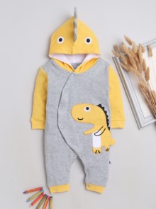 BUMZEE Grey & Yellow Boys Full Sleeves Fashion Trendy Sleepsuit With Hood