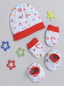 BUMZEE White & Red Girls Cotton Cap Mitten Bootie Set