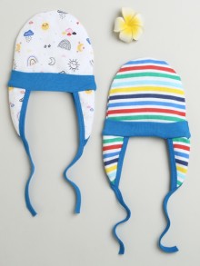 BUMZEE Blue & Multi Baby Boys Ear Flap Tying Cap Pack Of 2