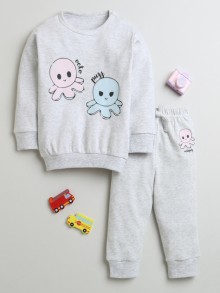 BUMZEE Grey Melange Girls Full Sleeves Cotton Sweatshirt & Jogger Set