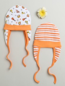 BUMZEE Orange & White Baby Boys Ear Flap Tying Cap Pack Of 2