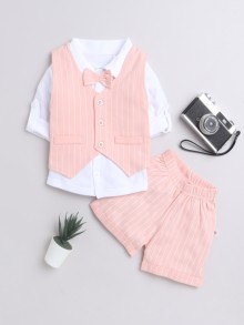 BUMZEE White & Peach Boys Full Sleeves Shirt Waistcoat & Short Set With Applique Bow