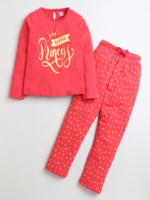 BUMZEE Dark Pink Girls Full Sleeves Cotton T-Shirt & Pyjama Set