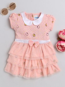 BUMZEE Peach Girls Cap Sleeves Cotton Frock