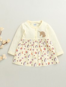 BUMZEE Cream Girls Full Sleeves Cotton Knee Length Frock