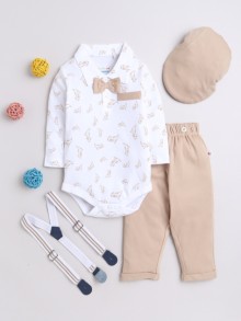 BUMZEE Beige & White Boys Full Sleeves Cotton Bodysuit Pant Set With Suspender & Cap