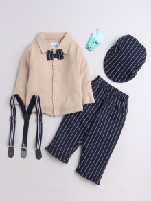 BUMZEE Beige & Navy Boys Full Sleeves Shirt Pant Set With Suspender & Cap