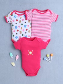BUMZEE Pink & White Baby Girls Half Sleeves Cotton Bodysuit / Onesies Pack Of 3