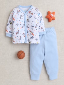 BUMZEE Sky Blue & White Baby Boys Full Sleeves Jabla & Pyjama Set