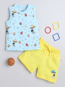 BUMZEE Blue & Yellow Boys Sleeveless T-Shirt & Short Set