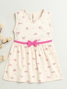 BUMZEE Beige Girls Sleeveless Cotton Knee Length Frock