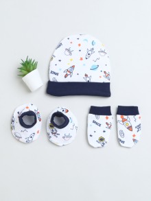 BUMZEE White & Navy Boys Cotton Cap Mitten Bootie Set