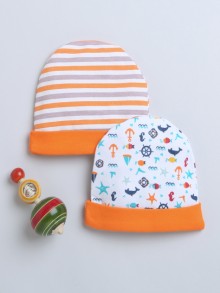 BUMZEE Orange & White Baby Boys Round Cap Pack Of 2