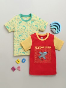 BUMZEE Red & Yellow Boys Half Sleeves Cotton T-Shirts Pack Of 2