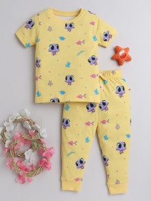 BUMZEE Yellow Girls Half Sleeves T-Shirt & Pyjama Set