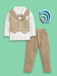 BUMZEE Brown & White Boys Full Sleeves Cotton Formal Set With Attached Waistcoat