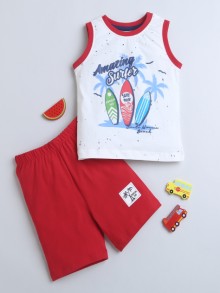 BUMZEE Red & White Boys Sleeveless T-Shirt & Short Set