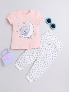 BUMZEE Peach & White Girls Half Sleeves T-Shirt & Pyjama Set