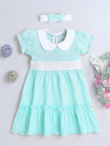 BUMZEE Mint Green Girls Half Sleeves Cotton Frock With Headband