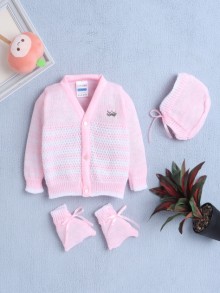 BUMZEE Pink Baby Girls Full Sleeves Acrylic Blend Sweater With Cap & Socks