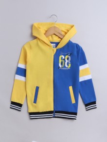 BUMZEE Yellow & Royal Blue Boys Full Sleeves Cotton Hooded Zipper Sweatshirt