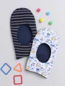 BUMZEE Navy & White Boys Cotton Reversible Monkey Cap Pack Of 2