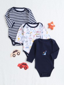 BUMZEE Navy & White Baby Boys Full Sleeves Cotton Bodysuit - Onesies Pack Of 3