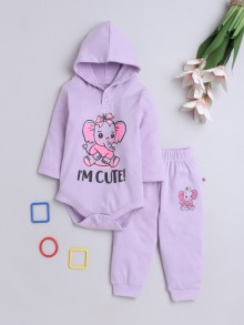 BUMZEE Lavender Girls Full Sleeves Cotton Hooded Bodysuit & Jogger Set