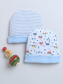 BUMZEE Sky Blue & White Baby Boys Round Cap Pack Of 2