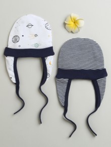 BUMZEE Navy & White Baby Boys Ear Flap Tying Cap Pack Of 2