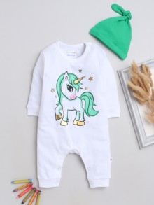 BUMZEE White & Green Girls Full Sleeves Fashion Trendy Sleepsuit With Cap