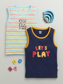 BUMZEE Navy & Multi Boys Sleeveless Cotton T-Shirts Pack Of 2