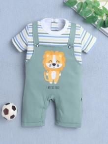 BUMZEE Green & White Boys Half Sleeves Thigh Length Romper