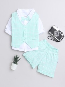 BUMZEE White & Mint Green Boys Full Sleeves Shirt Waistcoat & Short Set With Applique Bow