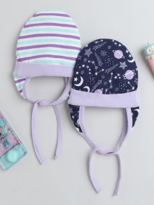 BUMZEE Navy & Lavender Baby Girls Ear Flap Tying Cap Pack Of 2