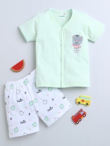 BUMZEE Mint Green & White Baby Boys Half Sleeves Jabla & Short Set