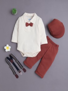 BUMZEE Brown & Cream Boys Full Sleeves Bodysuit Pant Set With Suspender & Cap
