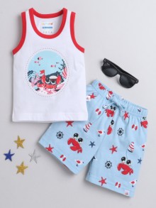 BUMZEE White & Sky Blue Boys Sleeveless T-Shirt & Short Set