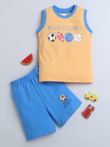 BUMZEE Blue & Orange Boys Sleeveless T-Shirt & Short Set