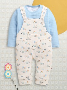 BUMZEE Cream & Sky Blue Boys Full Sleeves Poly Blend Dungaree Set Romper