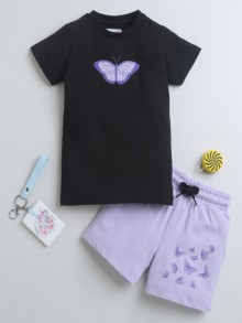 BUMZEE Black & Lavendar Girls Half Sleeves T-Shirt & Short Set