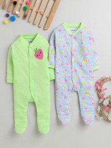 BUMZEE Green & Blue Baby Girls Full Sleeves Sleepsuit Pack Of 2